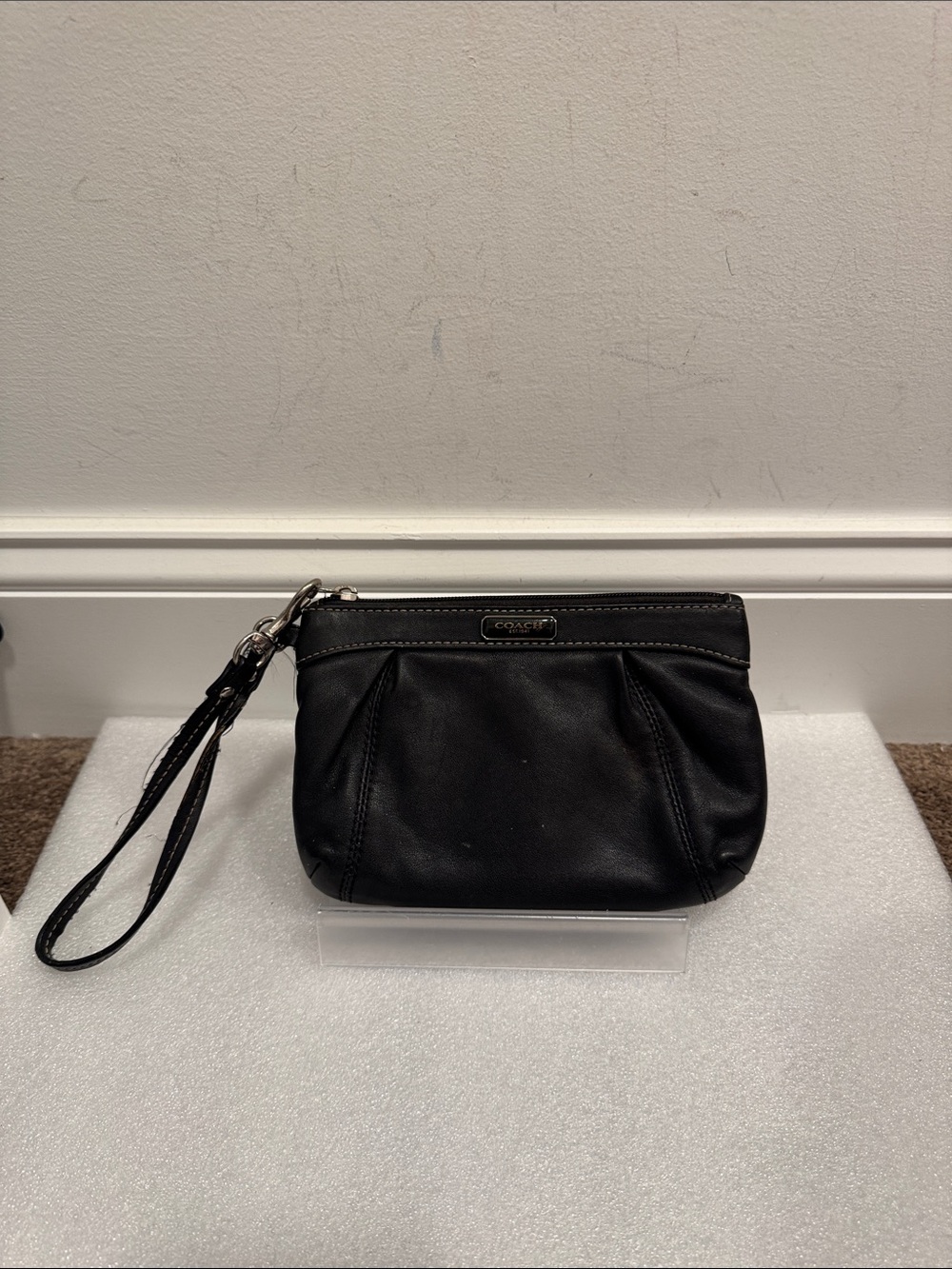 Coach Black Leather Wristlet with Silver-Tone Hardware